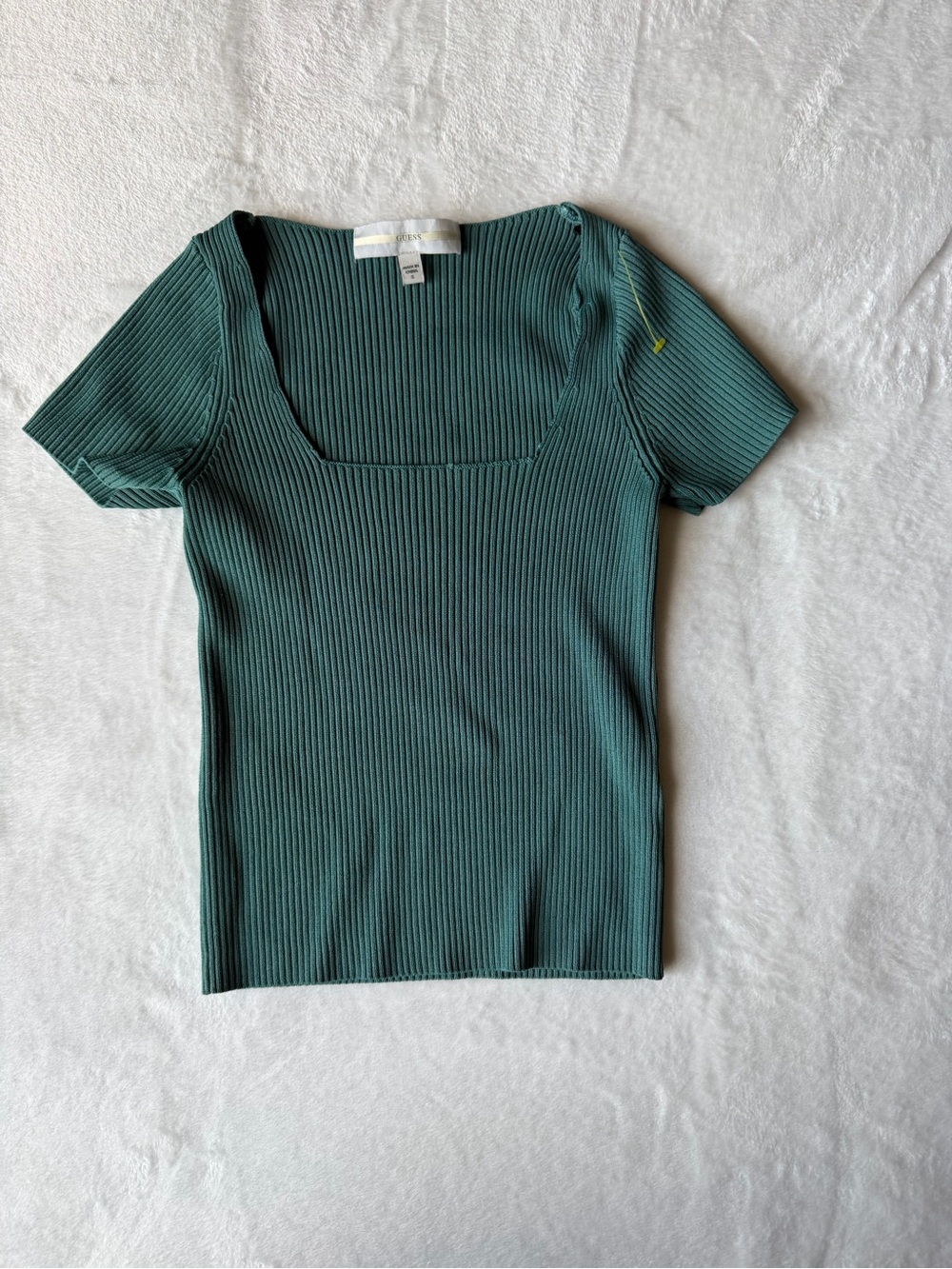 Guess Ribbed Square Neck Short Sleeve Top - Teal Green